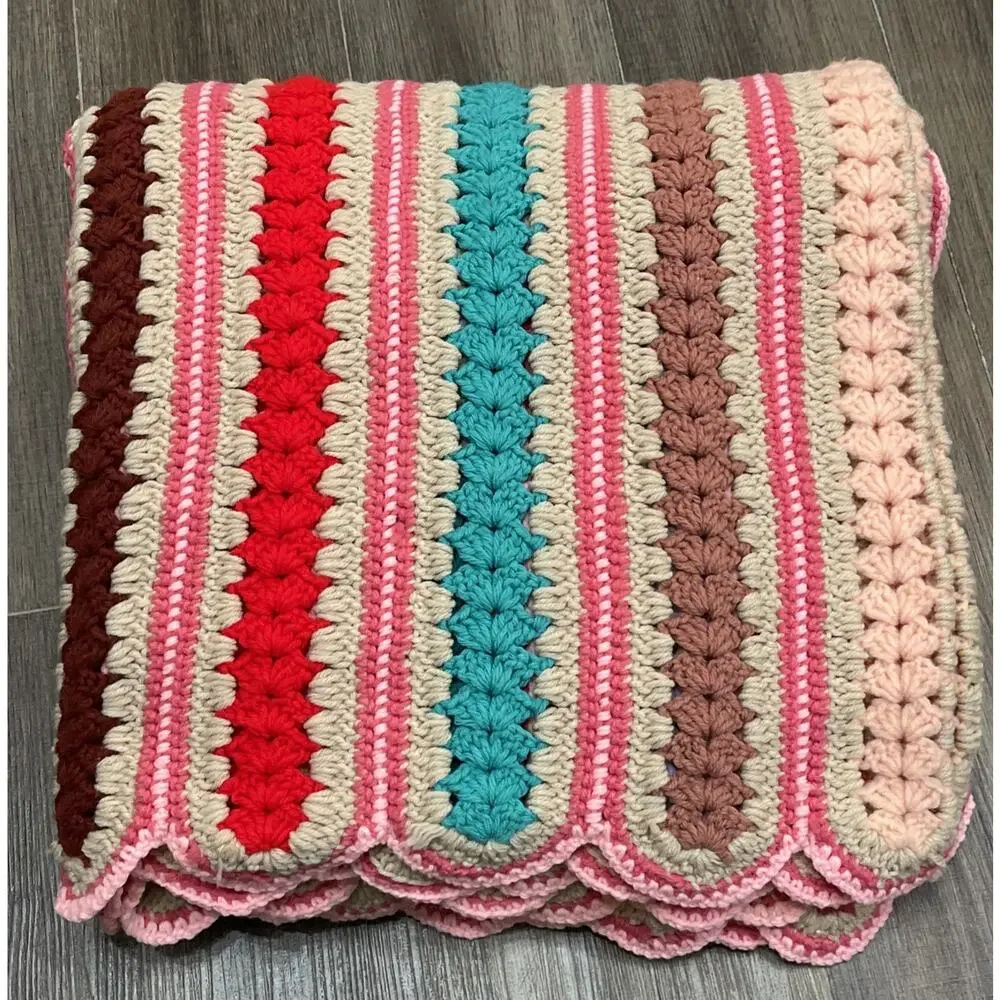 VTG 70s Handmade Crochet Afghan Blanket Striped Pink Retro Boho 65 X 79